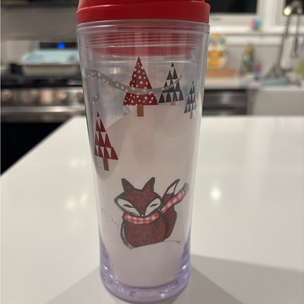 Starbucks… Red Fox & Winter Scene Tumbler w Red Lid.. 8 inches Tall…